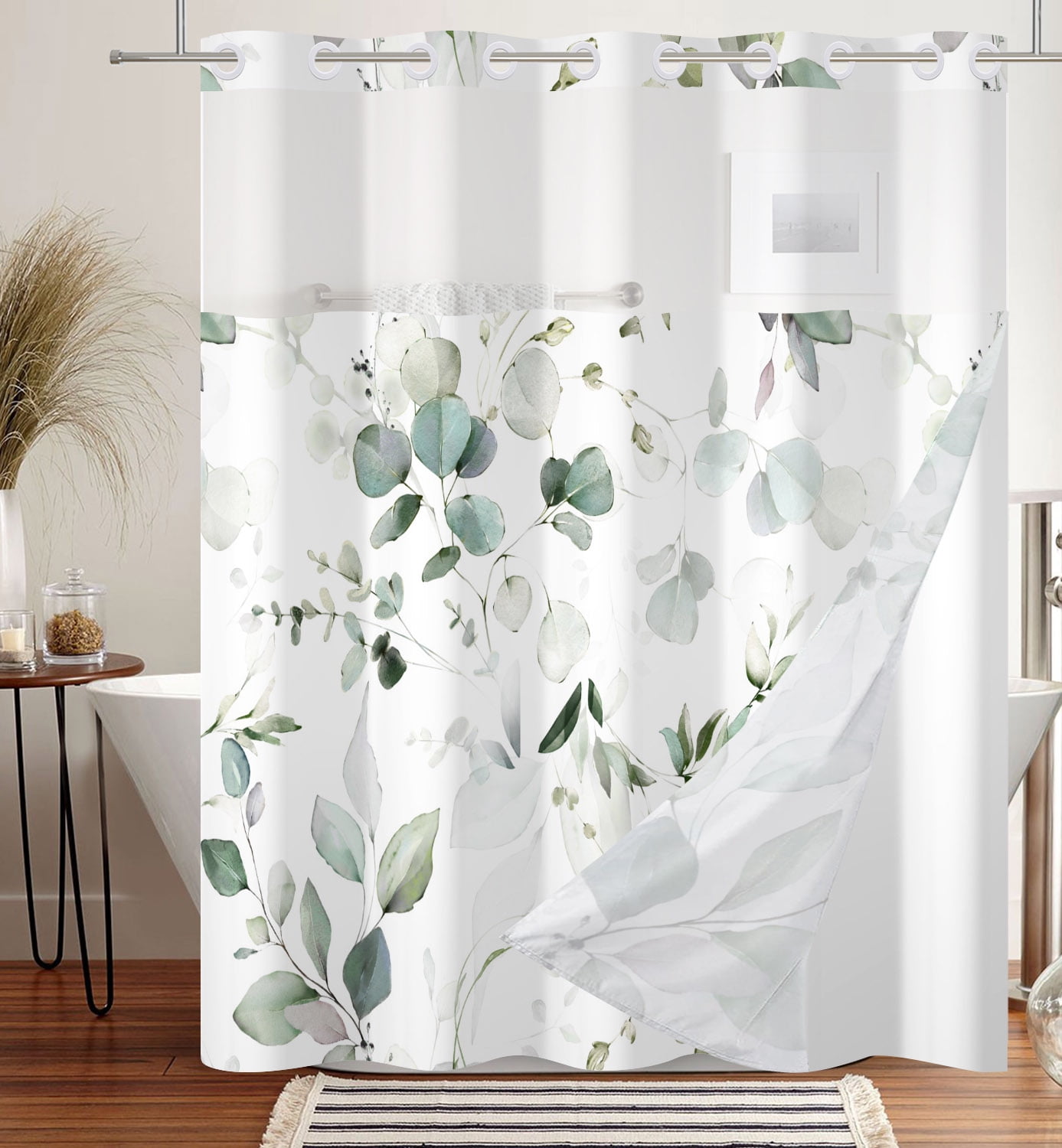 Mizhona Green Hookless Shower Curtain with Snap in Liner Summer Leaves Fabric No Hook Bathroom Curtain with Liner,71"x74"