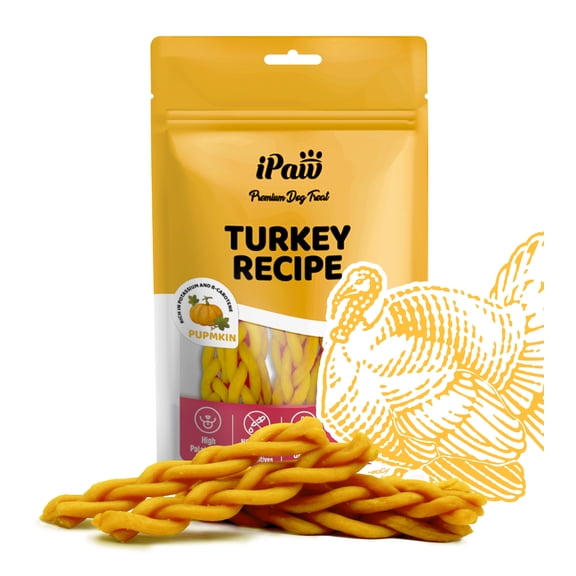iPaw Turkey Dog Treats, All Natural Human Grade Dog Treat, Suitable for Training chew, Hypoallergenic, Rawhide Alternative, Braided Stick (Pumpkin)