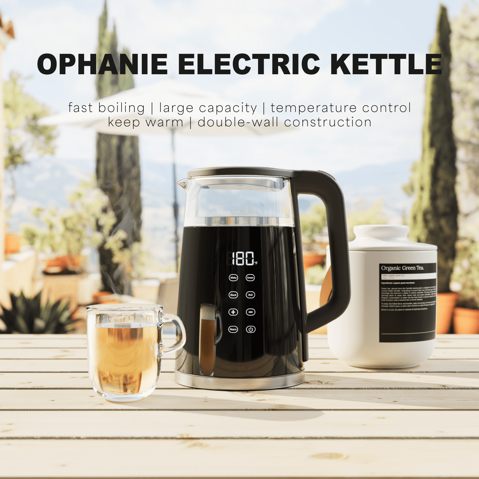 Ophanie 1500W Fast Boiling Electric Kettle,Teapot With Keep Warm Function, 1.7Liter Hot Water Boiler Heater Pot automatic shut off,Digital Display Temperature Control,Glass