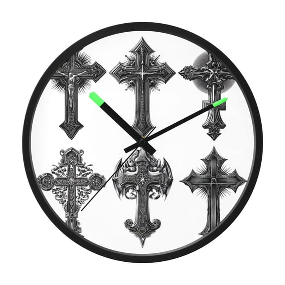 Indoor 12' Voice-Activated Luminous Decoration Wall Clock With LED Night Light Black Gothic Cross Illustrations