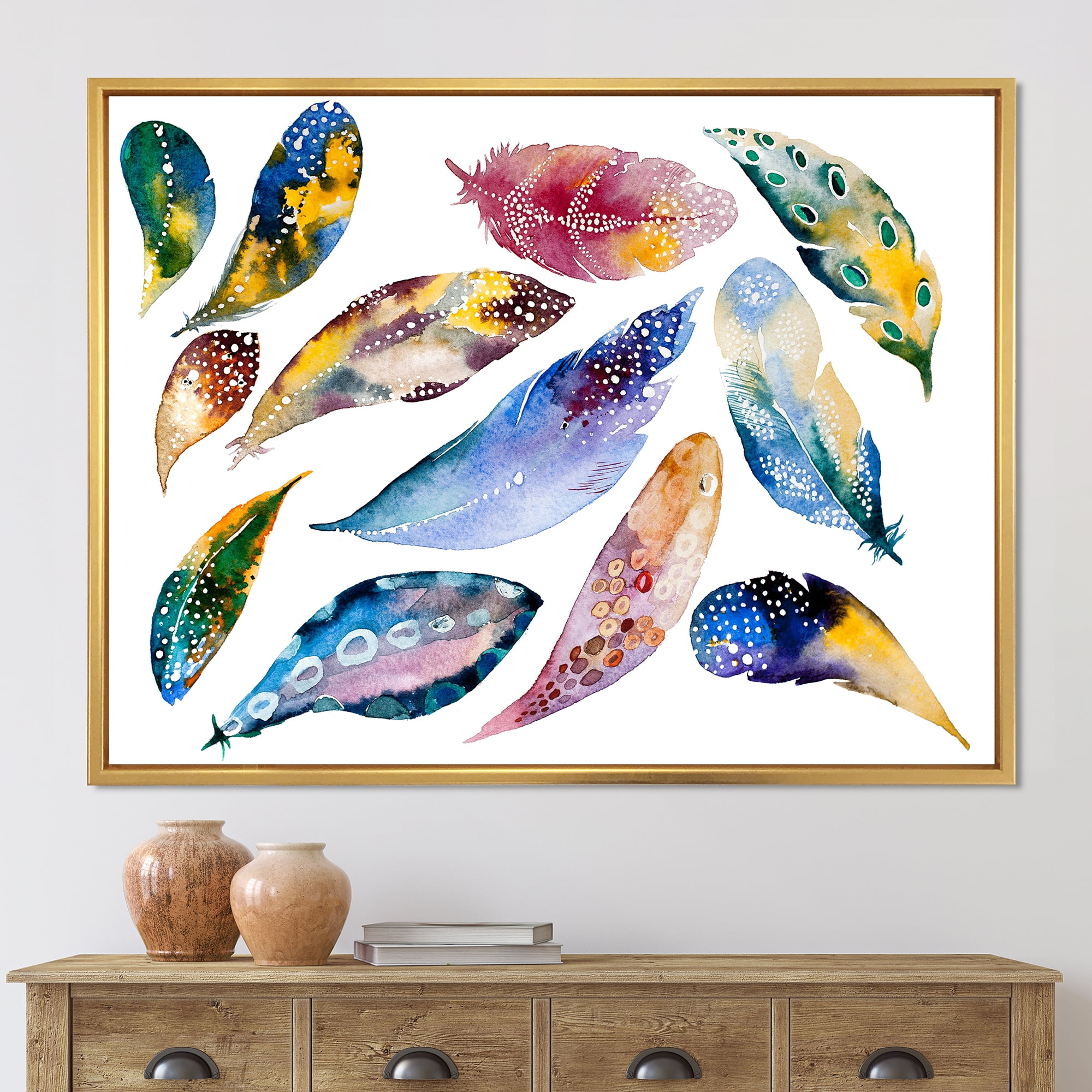 Designart 'Colourful Boho Feather Set On White VI' Bohemian & Eclectic Framed Canvas Wall Art Print