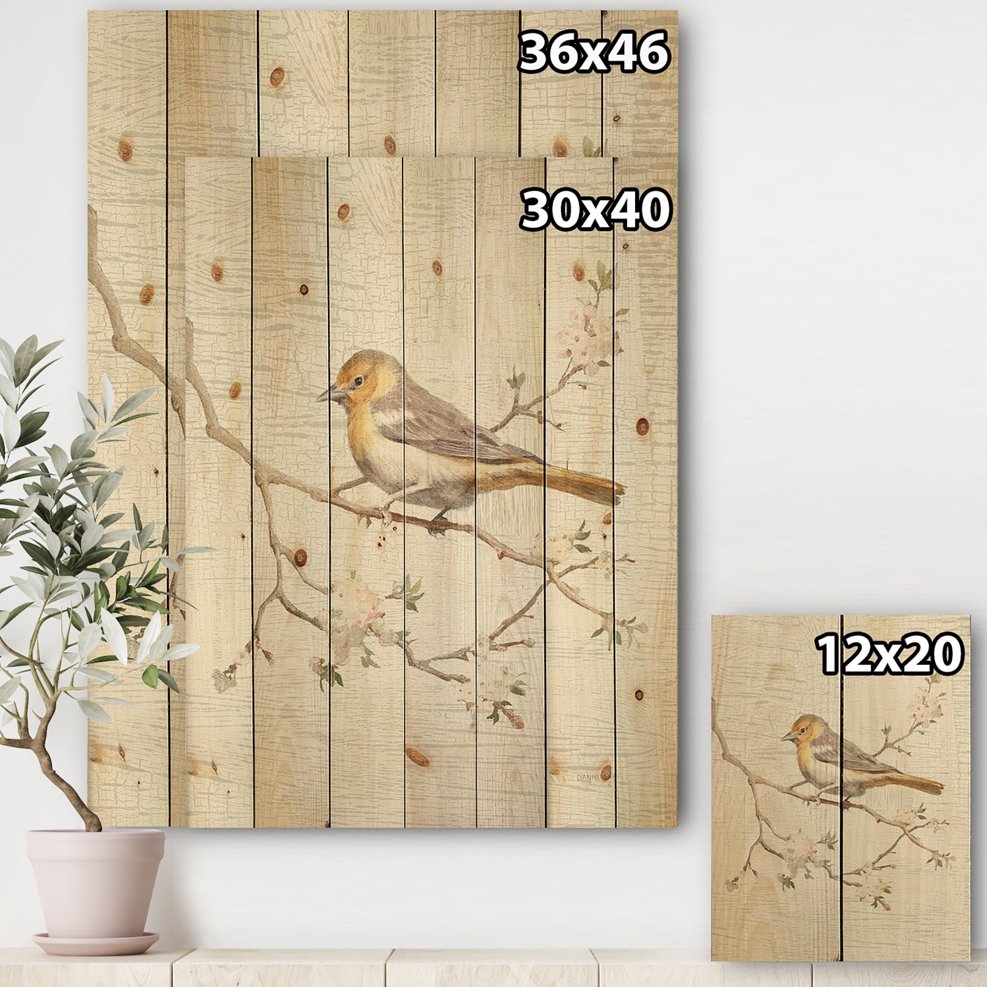 Designart 'Birds Sitting on Blossom Branch II' Farmhouse Print on Natural Pine Wood