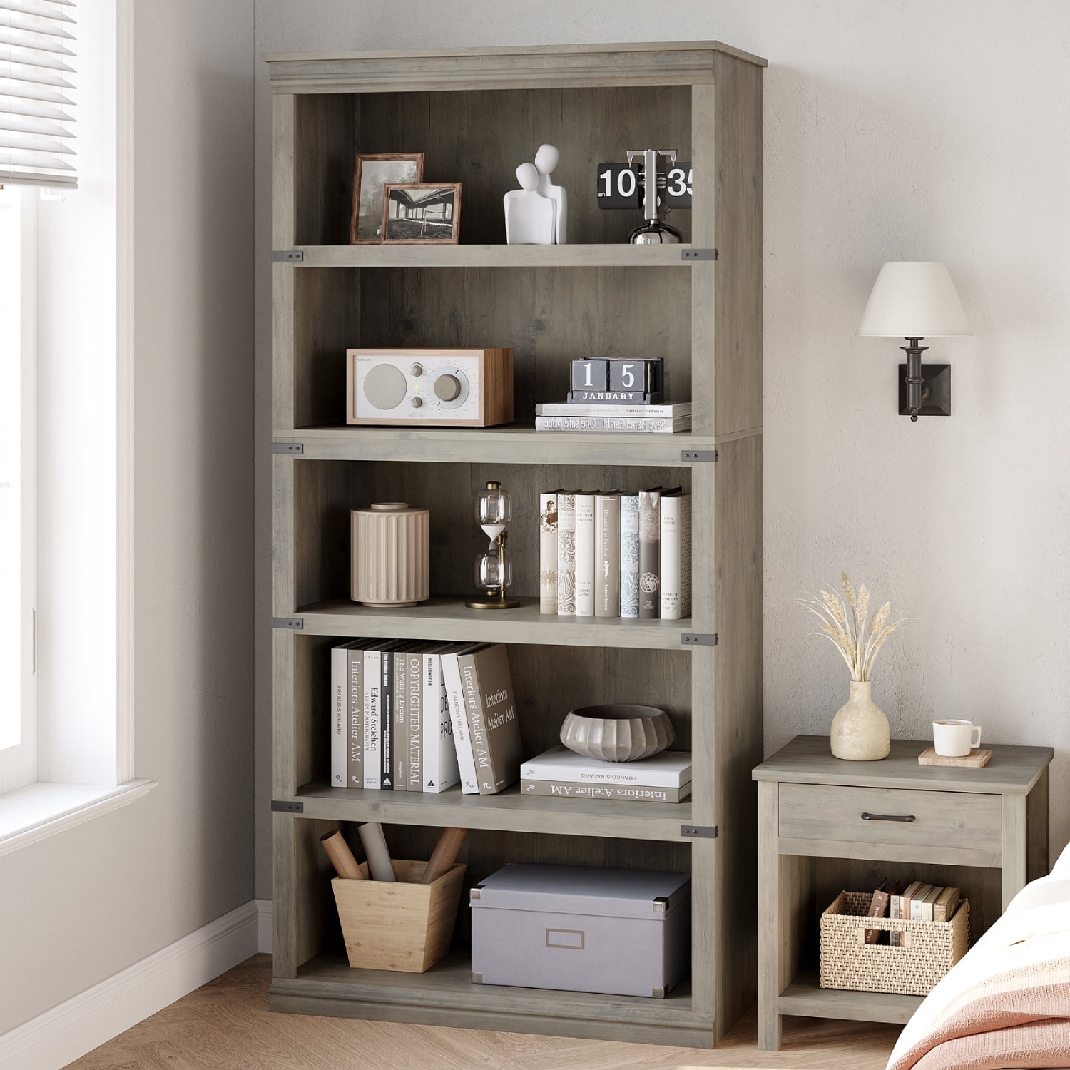 Aoile 5 Tier Farmhouse Bookshelf, 12.7" x 31.4" x 67.4" Heavy Duty Freestanding Bookcase, Bookshelves with Storage Open Display for Home Office, Living Room, Bed Room, Bathroom, Gray