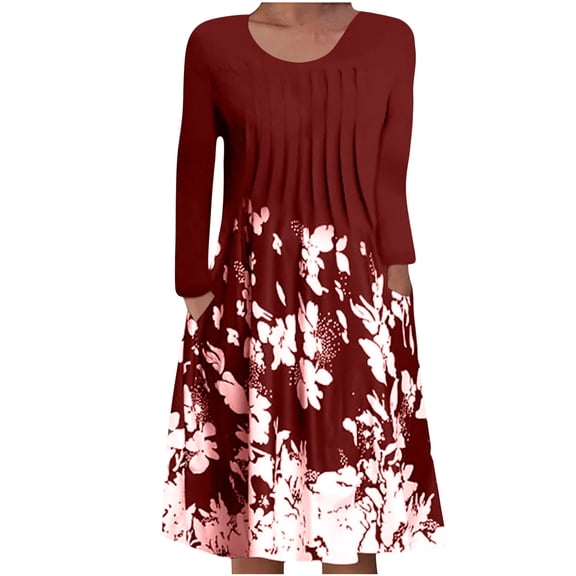 Aoochasliy Fall Dresses for Women Valentine's Day Autumn Casual Round Neck Long Sleeve Folding Floral Printing Dresses