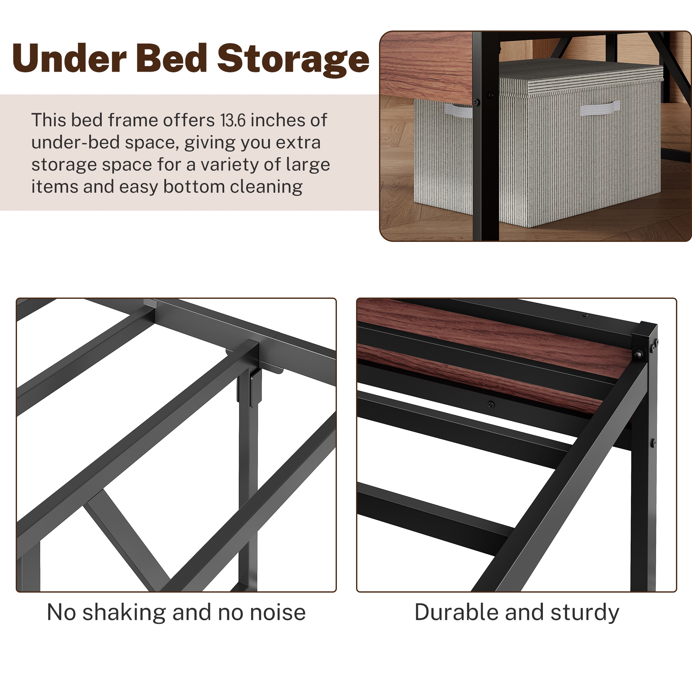 PAPROOS Twin Bed Frame, Metal Twin Bed with Wooden Panel Headboard, Platform Bed with Underbed Storage, Twin Size Metal Bed Frame, No Box Spring Needed, Rustic Brown