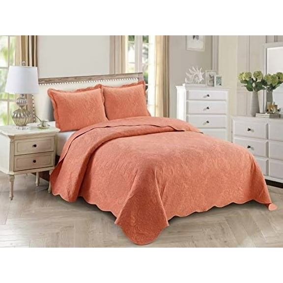 3pc Full/Queen Over Size Elegant Embossed Bedspread Set Light Weight Solid Coral New# Stacy