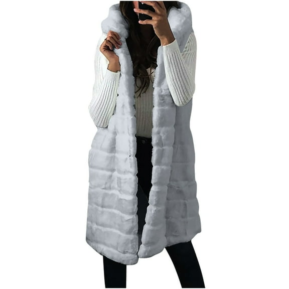 jtjvou Womne's Plus Size Faux Fur Vest Sleeveless Long Coat Open Front Hooded Cardigan Fuzzy Fleece Winter Jackets for Women Gray,XXL