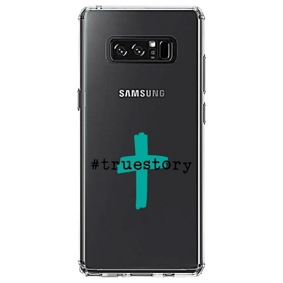 DistinctInk Clear Shockproof Hybrid Case for Samsung Galaxy Note 8 - TPU Bumper Acrylic Back Tempered Glass Screen Protector - #truestory - Cross - Christian - Teal