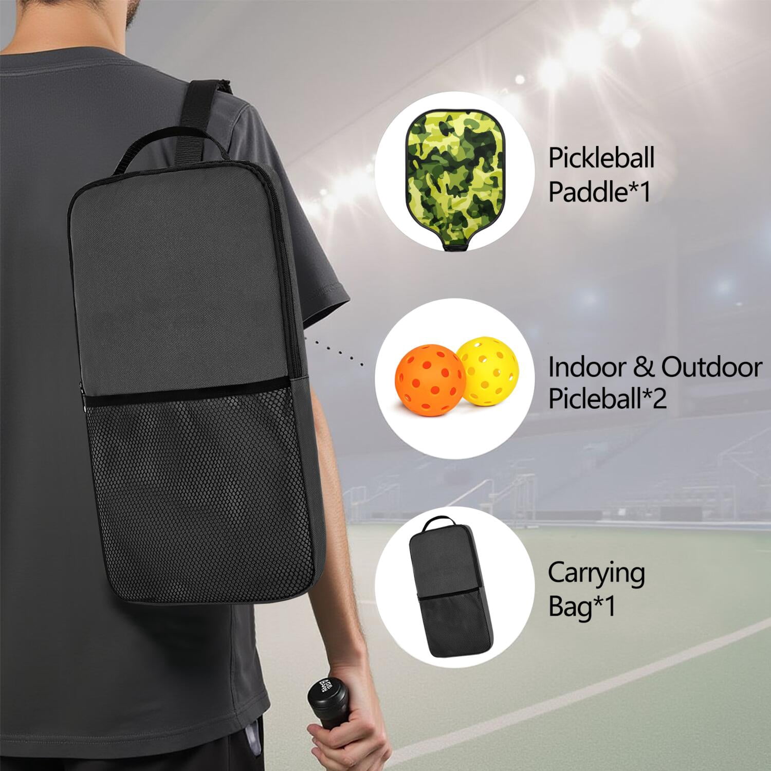 Pickleball Paddles Set Of 1, Fiberglass Surface, Camouflage Print, 1 Paddle, 2 Balls & Bag