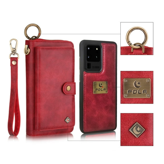 Galaxy S20 Ultra Case, Allytech Retro PU Leather Magnetic Detachable Back Cover Zipper Wallet Folio Cards Slots Purse Wrist Strap Clutch Protective Case Cover for Samsung Galaxy S20 Ultra 6.9",Red