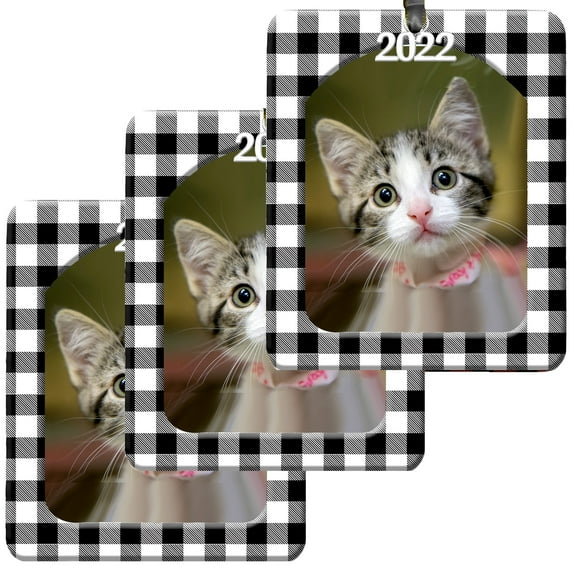 Expressly Yours! 2022 Photo Frame Christmas Ornament with Non-Glare Photo Protector, Vertical Black & White Plaid, 3-Pack