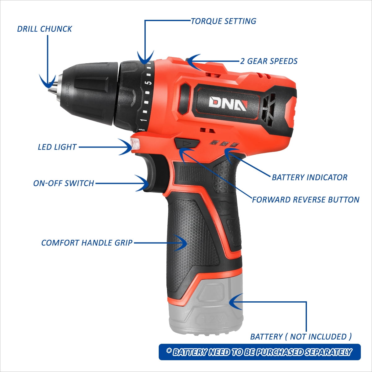 DNA Motoring WMT-TOOLS-00158 Cordless Electric 12V Drill Driver, Keyless Chuck, 20+1 Torque
