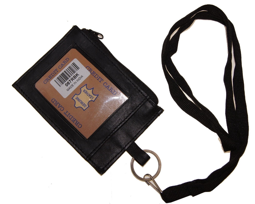 Improving Lifestyles Leather Neck ID Card Badge Holder Window ID side Zipper Pocket O Ring to Clasp Thick Soft Removeabl