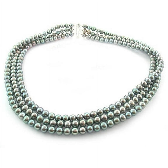 ADDURN Gray Freshwater Pearl Necklace for Women, Sterling Silver 3 Row 18" 6.5mm x 7mm