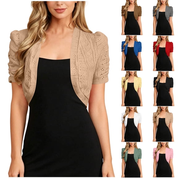 dazeni Women's Elegant Short Sleeves Bolero Cardigan Eyelet Open Front Shrugs Cropped Cardigan for Dresses Army Green X-Large