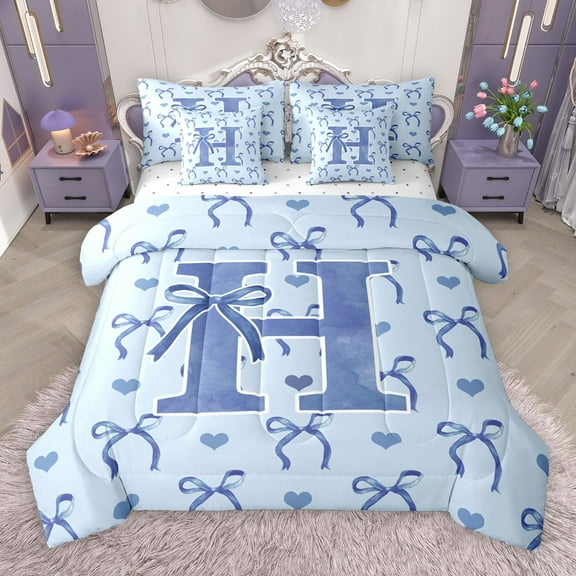 Castle Fairy Personalized Initial Letter H 7-Piece Twin Bedding Sets for Teens Children,Love Heart Print Bedding Comforter Set,Cartoon Bowknot Breathable Sheet Sets,Microfiber Bedroom Decor