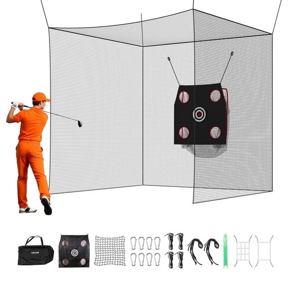 VEVOR Golf Batting Cage, 10 x 10 x 10 FT Golf Cage, Driving Hitting Cages with 3-Ply Knotless Polyester, Golfs Target & 9-Hole Baseball Target, Golfs Hitting Net for Indoor, Outdoor, Backyard