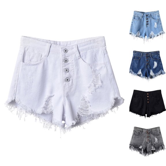 Vhkiploz Plus Size Summer Cut-Off Shorts for Women's Button-Up Short Ripped Jeans Solid Everyday Beach Board Shorts with Side Pockets, S-4XL