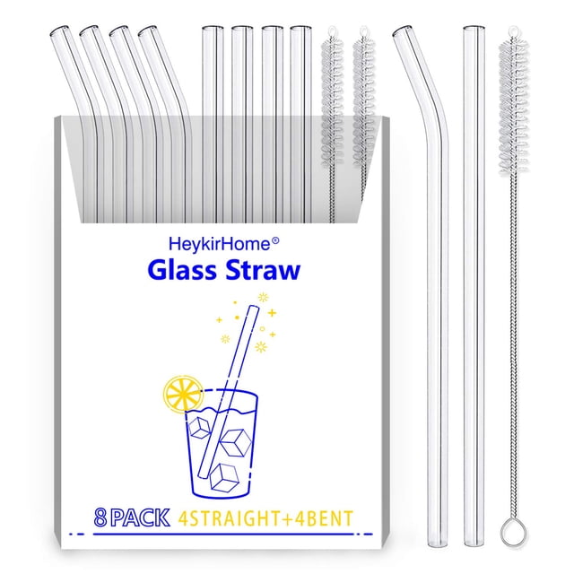 Heykirhome Paquete De 8 Pajitas De Vidrio Reutilizables De 8,5 X 10 Mm, Incluidas 4 Rectas Y 4 Dobladas Con 2 Cepillos De Limpieza, Perfectas Para Batidos, Jugo De Té