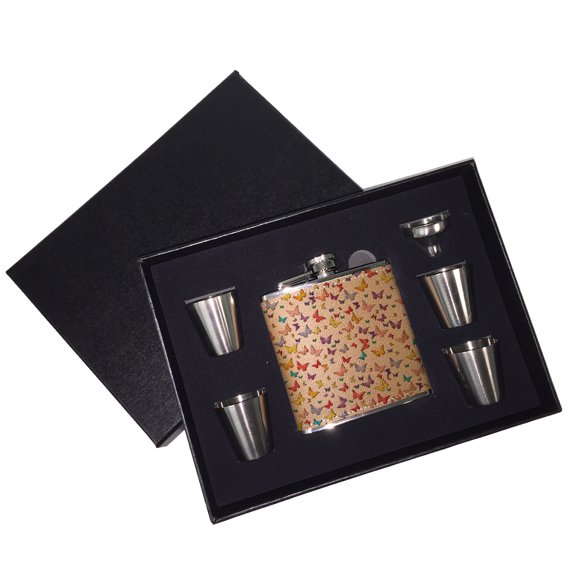 KuzmarK 6 oz. Leather Flask Set in Black Presentation Box -  Butterfly Wings