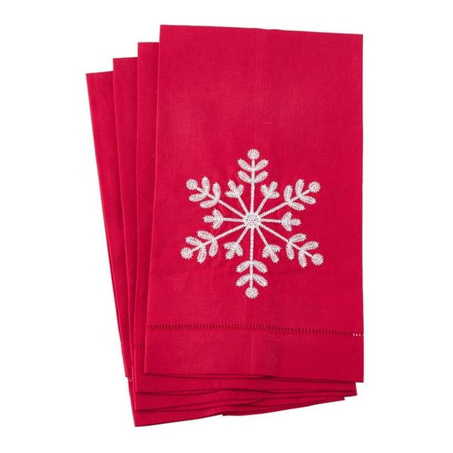 Saro Lifestyle 23590.R1422 14 x 22 Po Brodé Flocon de Neige Ourlet Serviette d'Invité en Coton de Lin&44; Rouge - Lot de 4