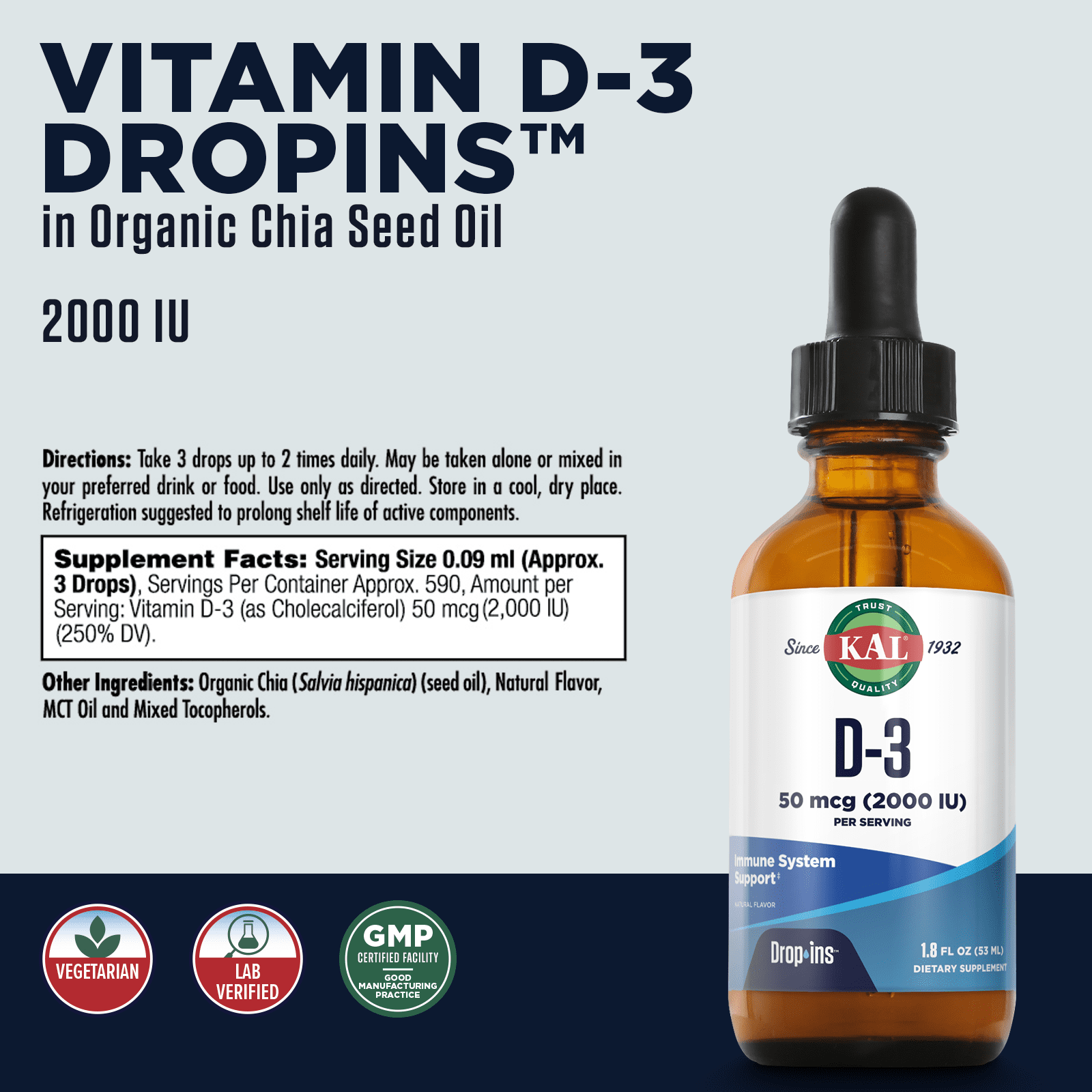 KAL Vitamin D-3 2000 IU Dropins in Organic Chia Seed Oil, Natural Blueberry | Healthy Immune & Bone Support | 590 Serv.