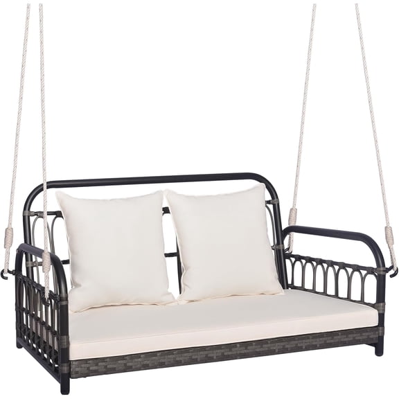 QISHENSHUI Outdoor Wicker Porch Swing, 2-Person Hanging Seat with Seat & Back Cushions, Heavy-Duty Metal Frame & 2 Sturdy Hanging Ropes, Wicker Woven Swing Loveseat for Front Porch
