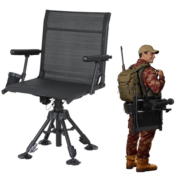 Swivel Hunting Chair, 360 Degree Silent Rotating Hunting Blind Chair with Adjustable Height, Armrest, No-Sink Feet, Shoulder Strap & Cup Holder for Turkey Hunting, Strutter Hunting & Outdoor Use