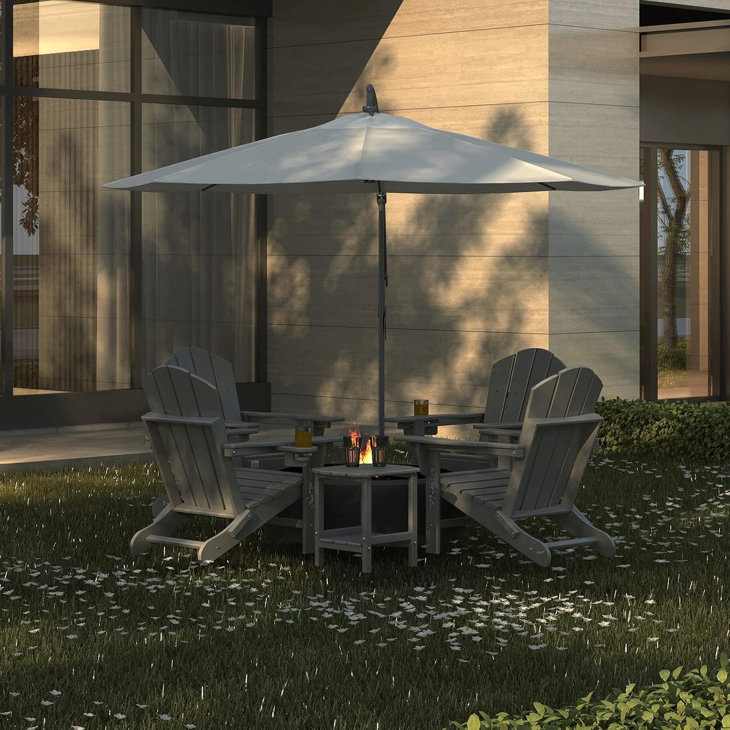 Erinnyees 3-Level Adjustable Adirondack Chair, Wooden Textured, HDPE All-Weather Folding Fire Pit Chair with Cup Holder, Outdoor Chair for Poolside Deck Patio Garden Backyard Lawn Campfire