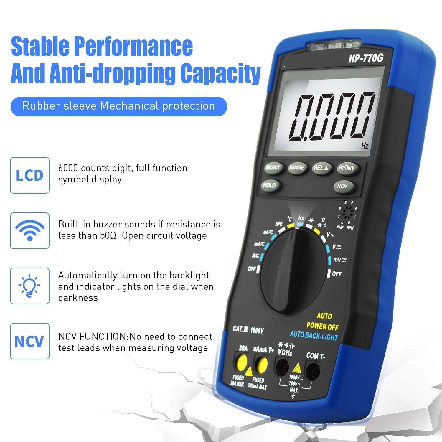 Digital Multimeter Auto-Ranging Electrical Meter Tester for AC/DC Amp, AC/DC Voltage NCV Diode ,High&Low Sensitivity