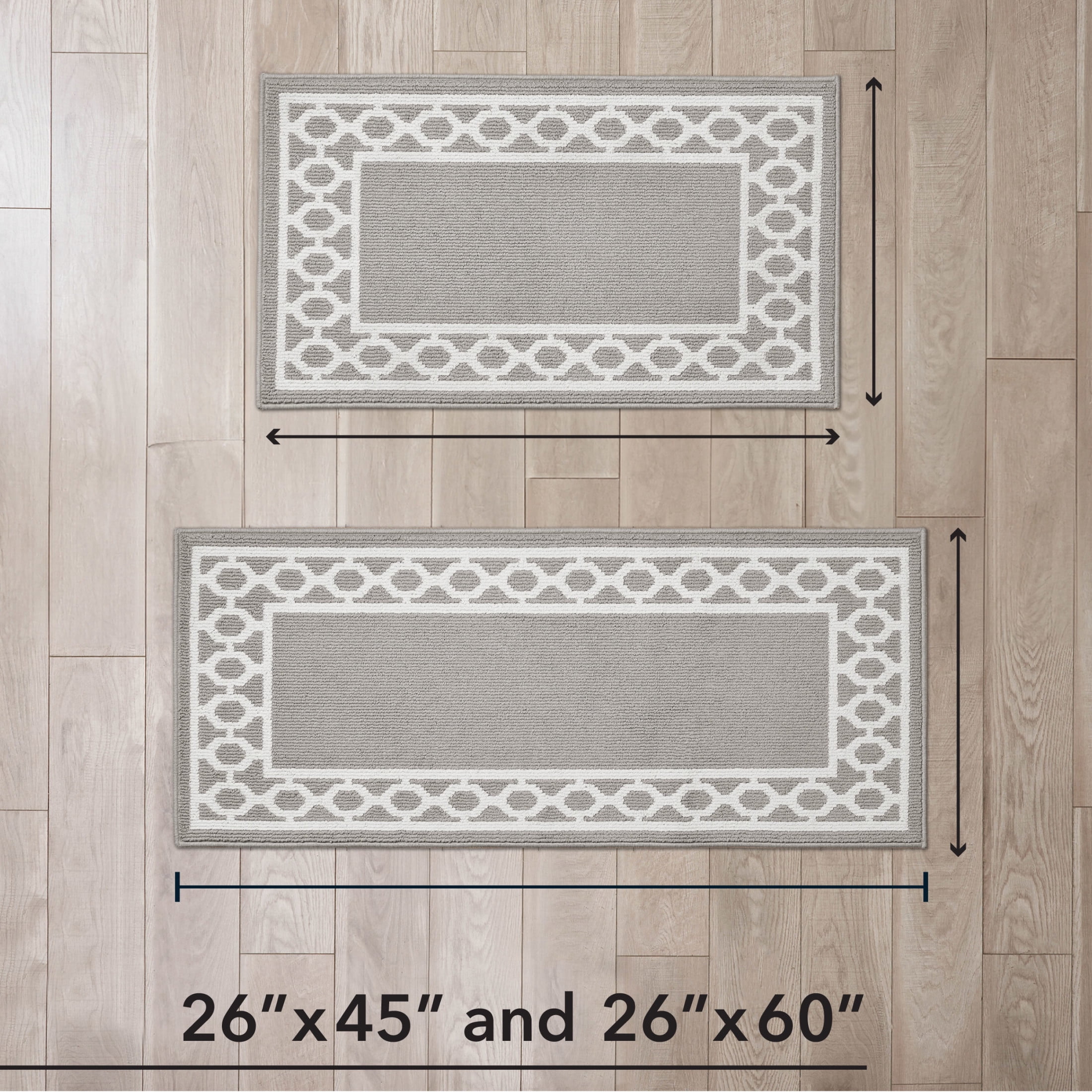 Washable Skid-Resistant Runner Rug, Trellis Border , Light Grey and White , 26" x 45"/26" x 60"