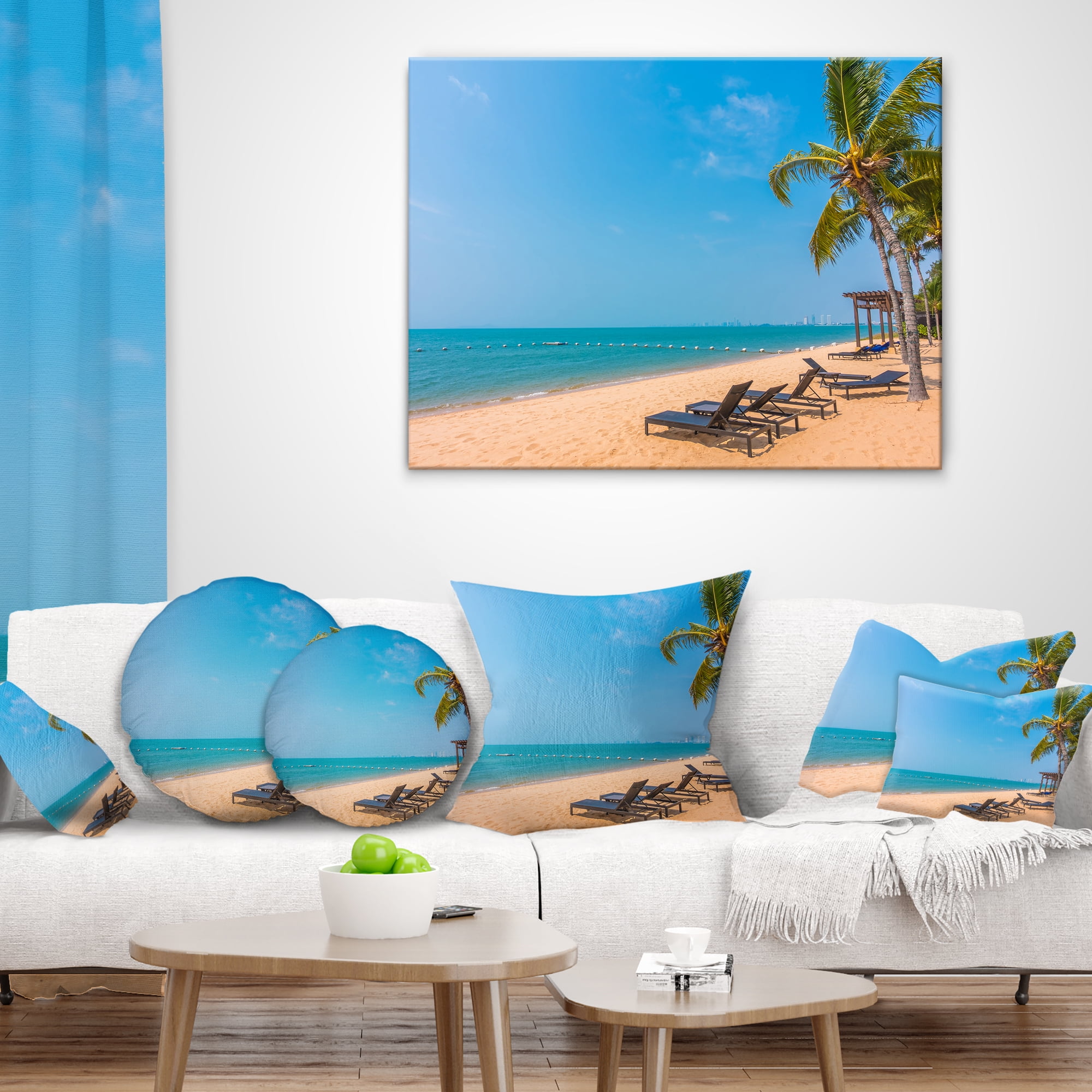 Designart Blue Beach with Palm Trees - Seashore Photo Throw Pillow - 12x20