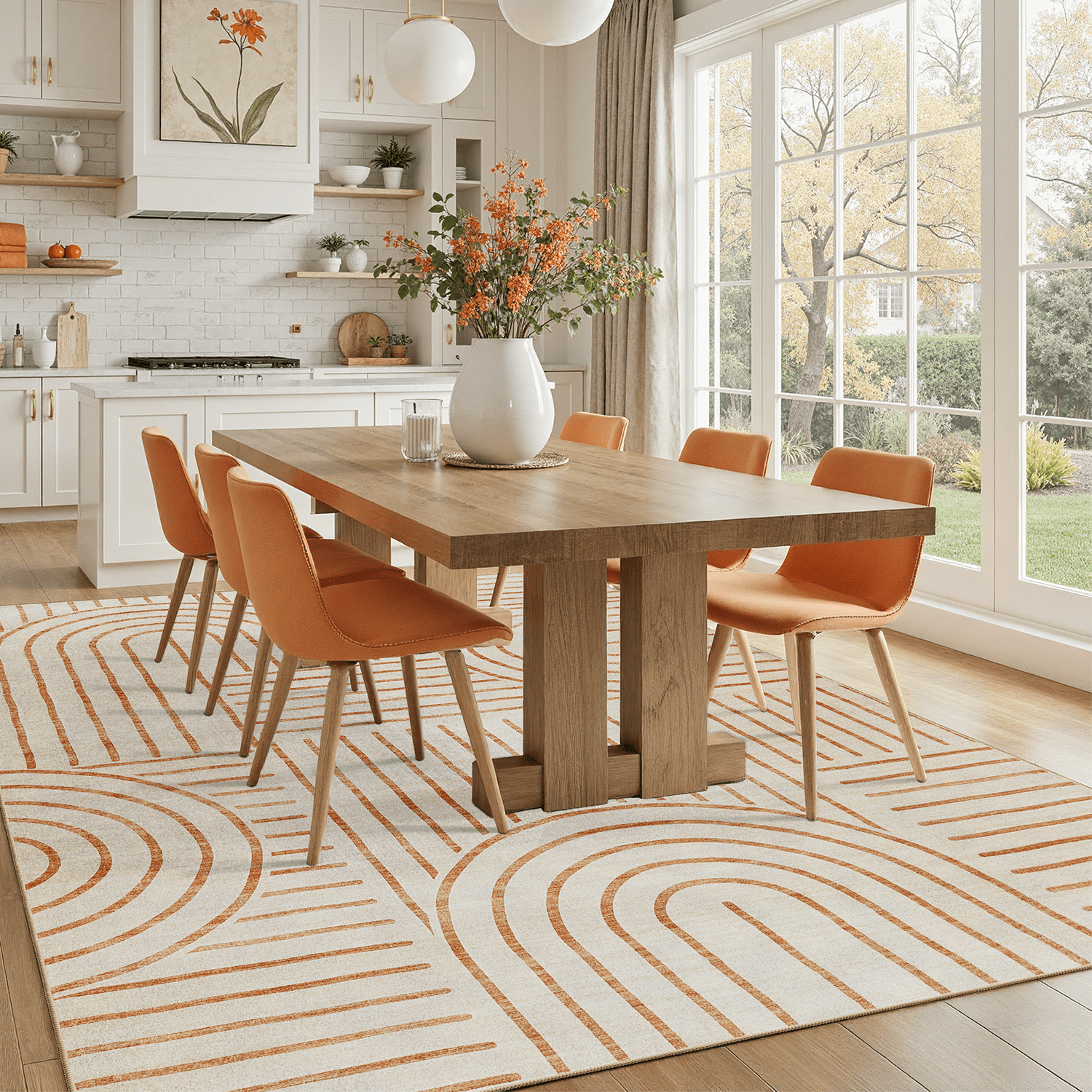 Machine Washable 8x10 Area Rugs, Midcentury Modern Non Slip Stain Resistant Rug for Living Room, Playroom, Bedroom, Soft Low Pile Large Carpet-Beige