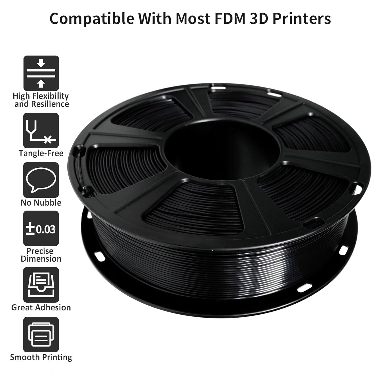 3D Printer Filament, Silk Black Pla Filament, 1Kg(2.2lbs) Spool, 1.75mm Dimension Accuracy +/- 0.03mm, 3D Printing Filament