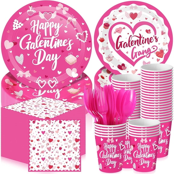 192 Pcs Galentine's Day Plates and Napkins Party Supplies Galentine's Day Heart Disposable Tableware Dessert Plates Paper Napkins Cups Plastic Fork Set for Party 24 Guests(Pink,Cute)