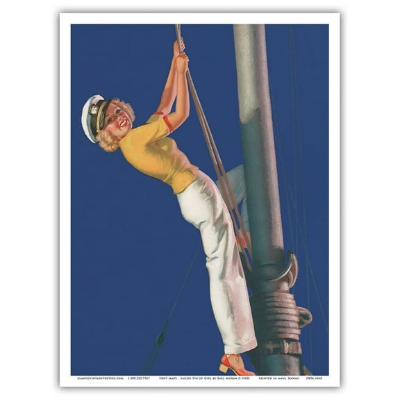 First Mate - Sailboat Sailor Pin Up Girl - Brown & Bigelow Company - Vintage Pin Up Girl Print by Earl Moran c.1940s - Master Art Print (Unframed) 9in x 12in