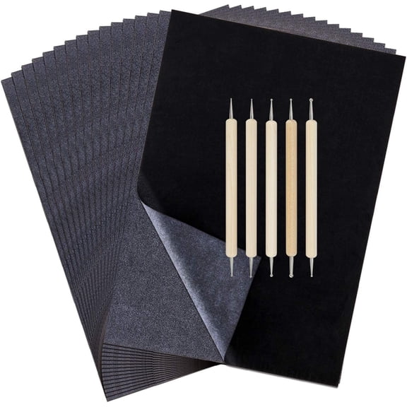 EclatChic 200 Sheets Transfer Paper with 5 Embossing Stylus Tools, Graphite & Carbon Paper for Wood Burning, Leather, Fabric, Ceramic & Glass Crafting