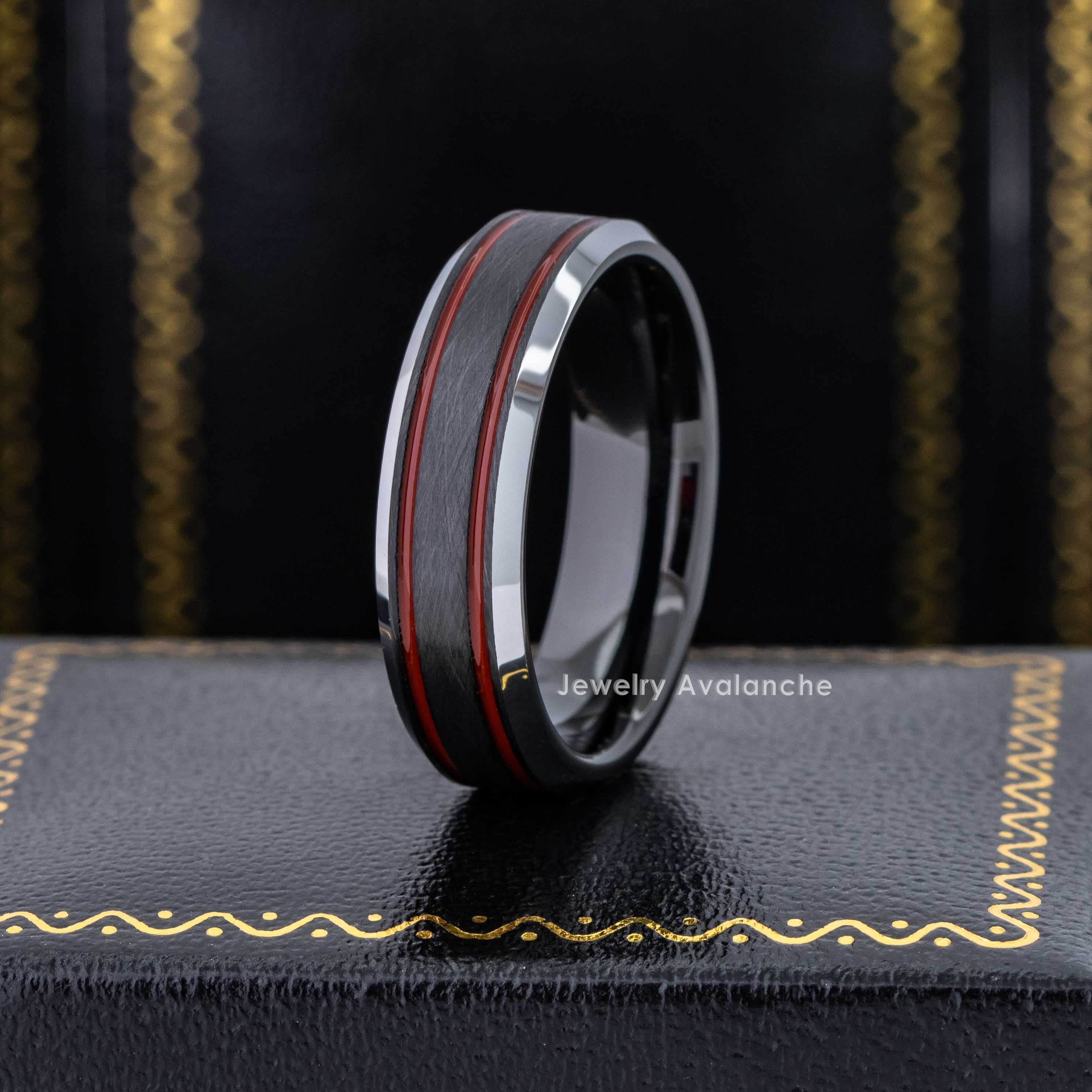 Jewelry Avalanche Double Red Grooved Accent Tungsten Wedding Band for Men Women, Firefigther Ring, 6mm, size 10