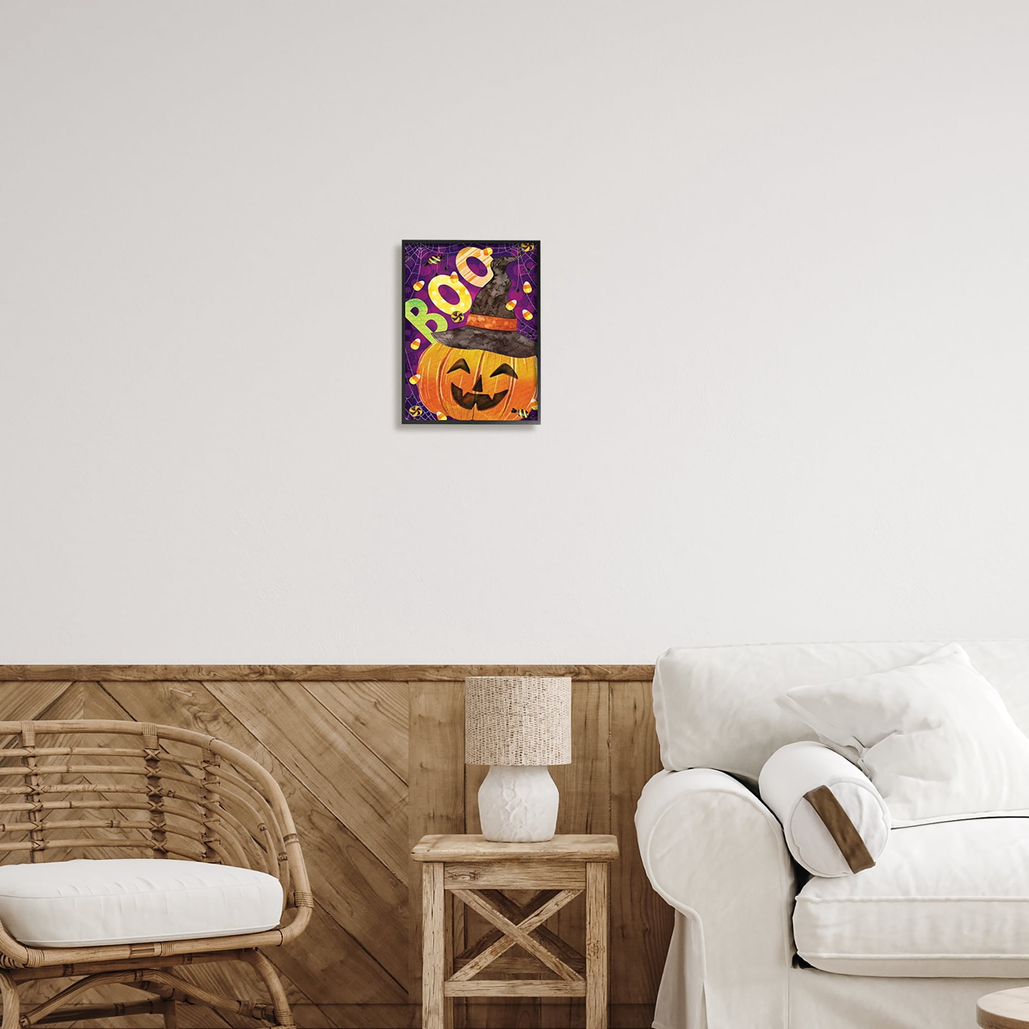 Stupell Industries Boo Jack-o-Lantern Halloween Candy Holiday Painting Gray Framed Art Print Wall Art