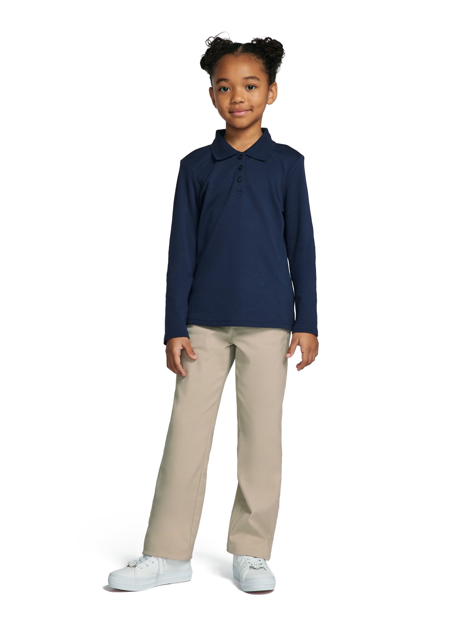 Wonder Nation Girls School Uniform Long Sleeve Interlock Polo Shirt, 2- Pack, Sizes 4-18 & 10-16 Plus