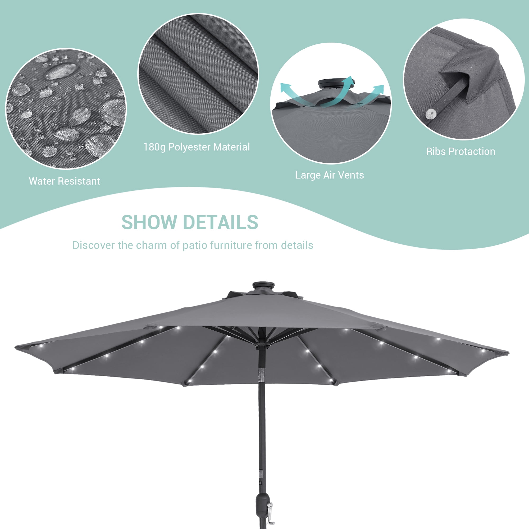 CHYVARY 9ft LED Round Patio Umbrella Outdoor Table Umbrella for Deck, Poolside and Garden, Cold Gray