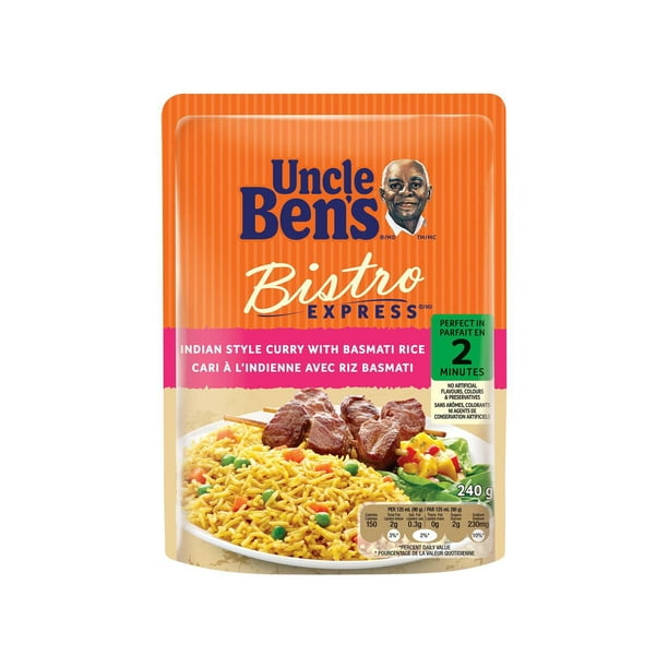 Cari à l'indienne avec du riz basmati BISTRO EXPRESS(MD) de Uncle Ben’s, 240g pour 2 personnes. Parfait en 2 minutes.