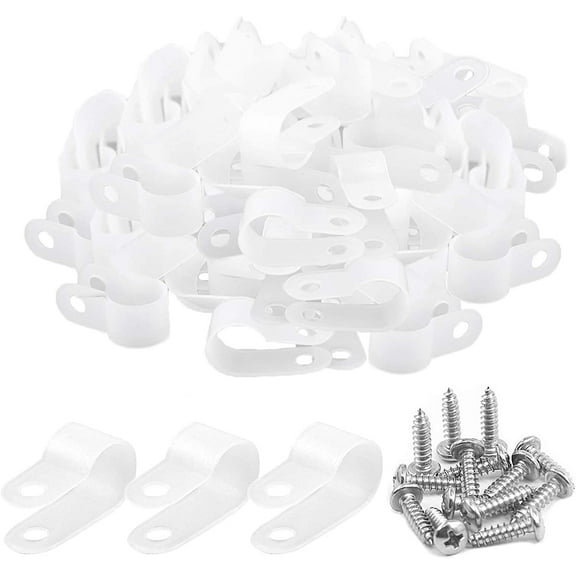 120 Pieces 1/2 inch White Nylon Cable Clamps with Stainless Steel Screws, R-Type Mounting Cord Fastener Wire Clamps for Wire Pipe Management