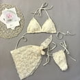 thumbnail image 5 of 3 Piece Swimsuits for Women Halter Triangle Bikini Sets with Floral Mesh Sarong Skirt Cover Up 3D Rose Flower Bathing Suits Beachwear, 5 of 9