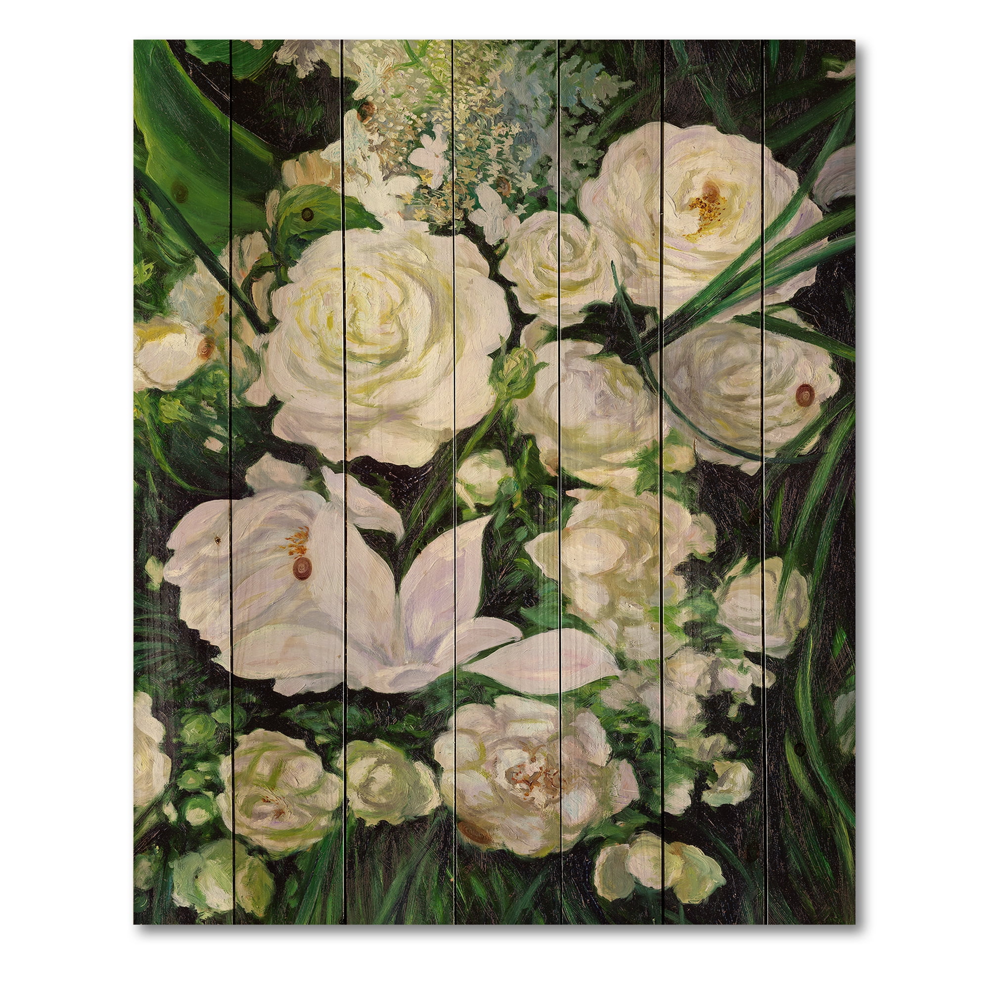 Designart 'Bouquet Of White Roses With Green Leaves' Traditional Print on Natural Pine Wood