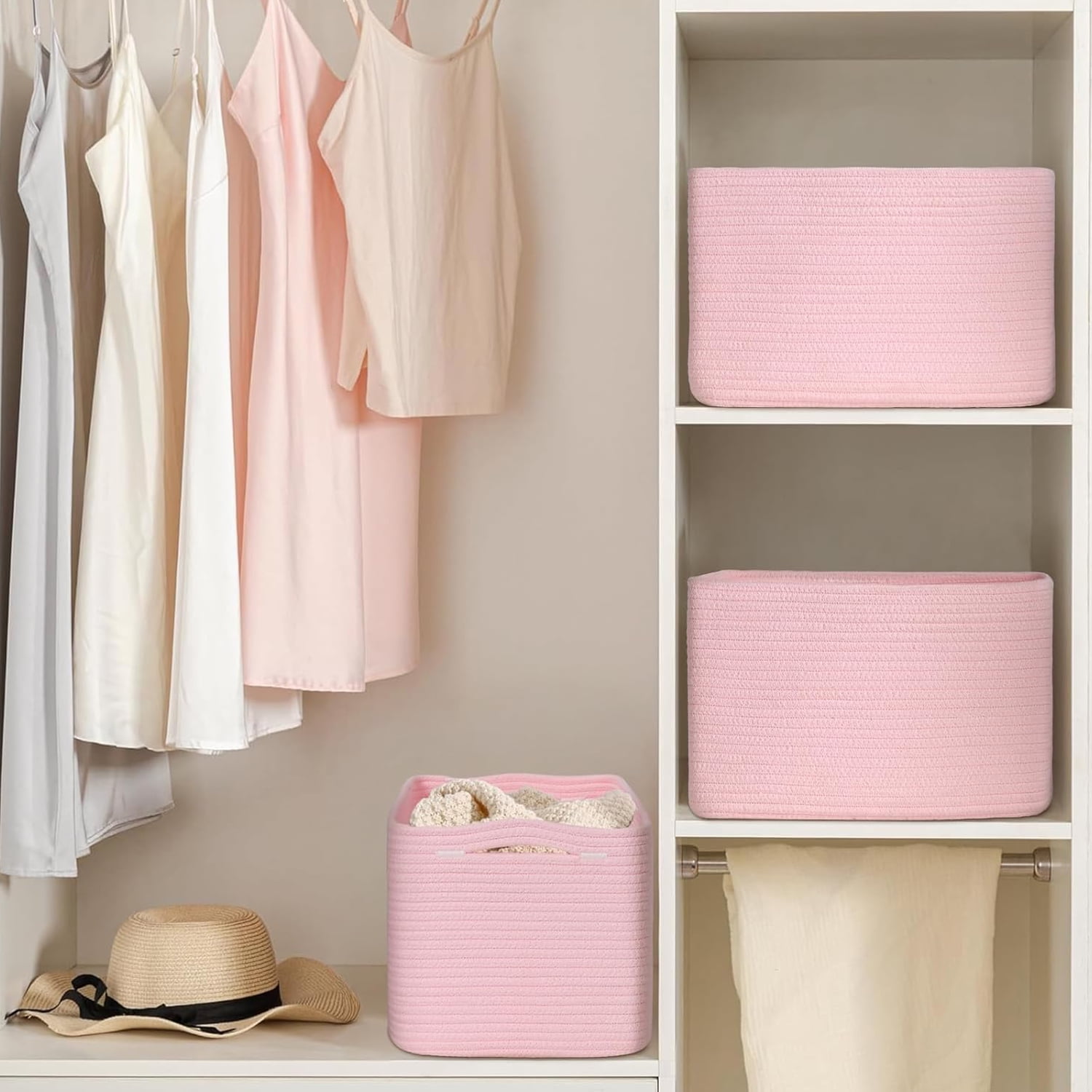 Natubeau 3 Pack Woven Storage Basket for Shelves, Cotton Rope Storage Bins for Toys Books, Storage Baskets for Organizing, 14.96"X9.8"X8.85", Pink