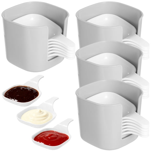 4 Sets Dipping Sauce Plate and Holder Set, Each Set Includes 6 Mini Dipping Bowls with Handle, Stackable Plastic Dipping Dish for Kitchen, Soy Sauce, Appetizers, Condiments