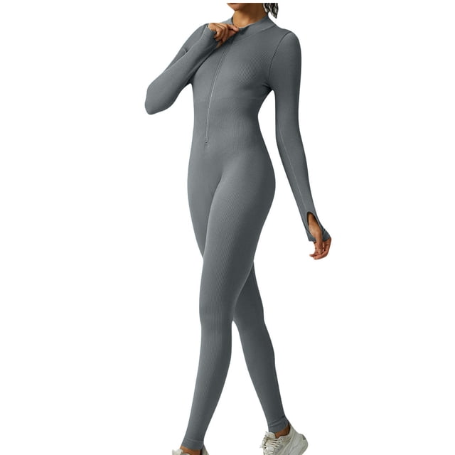 Bowake Women's Seamless Ribbed Long Sleeve Zip Front Sport Jumpsuit, Dark Gray