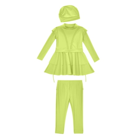 XJZMD Swimsuit Girls 3 Piece Full Cover Hijab Arabic Swimwear Sunsuit Beachwear Top Pants Cap 10 Years-11 Years
