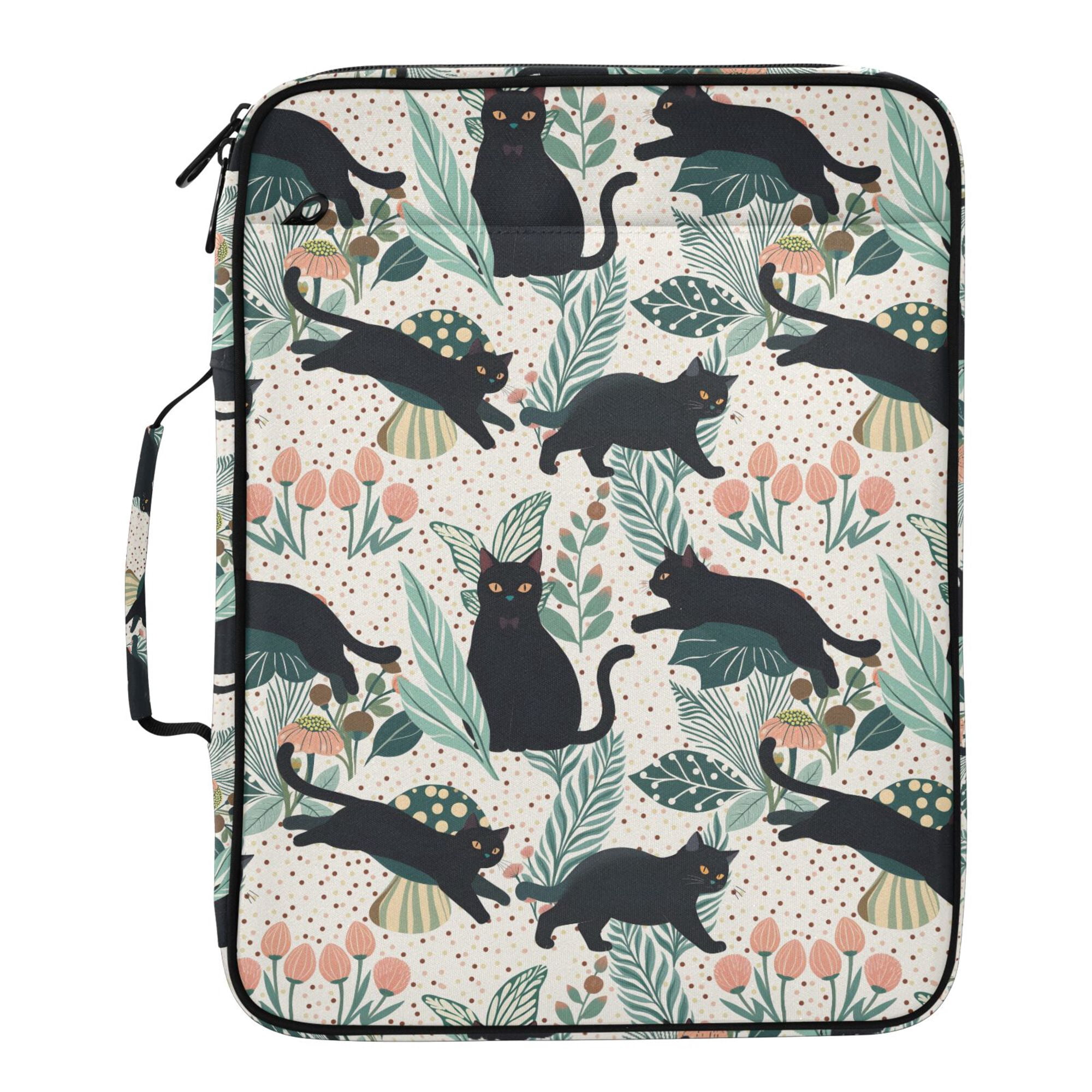 FORMRS Accordion File Folder A4 Size 7-Pocket Expanding Document Organizer Bag with 3 Ring Binder, Black Floral Cat Pattern